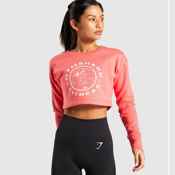 NEW GYMSHARK Legacy Cropped Sweatshirt Fleece Crop Top Sweater Coral Pink S - Picture 1 of 12